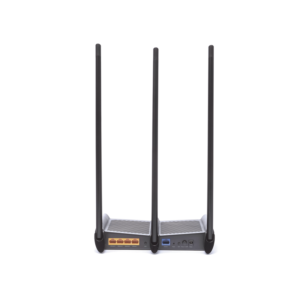 High Power Wireless Router, 2.4 GHz, 450 Mbps, 3 external omnidirectional 9 dBi antennas, 4 10/100 Mbps LAN ports, 1 10/100 Mbps WAN port, bandwidth control