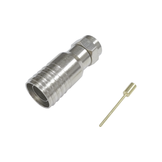Conector F Macho en 75 Ohm, Plegable para Instalar en Cables Coaxiales RG-11, Cuerpo de Bronce-Niquelado/ Teflón.