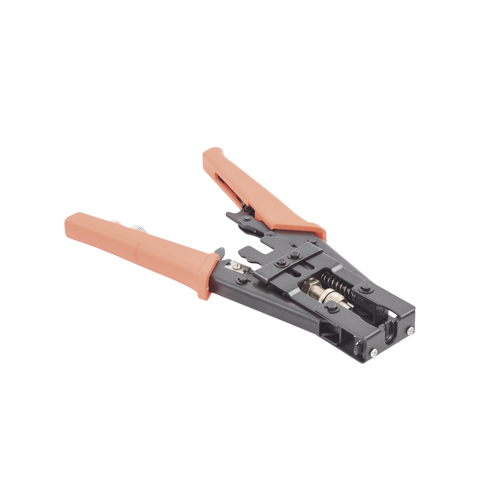 Pliers for installing waterproof connectors, F or BNC compression type, on RG-59 (4C), RG-6 (5C), RG-58 (3C) or RG-11 cables.