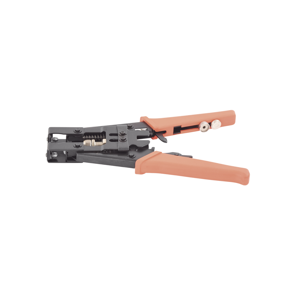 Pliers for installing waterproof connectors, F or BNC compression type, on RG-59 (4C), RG-6 (5C), RG-58 (3C) or RG-11 cables.