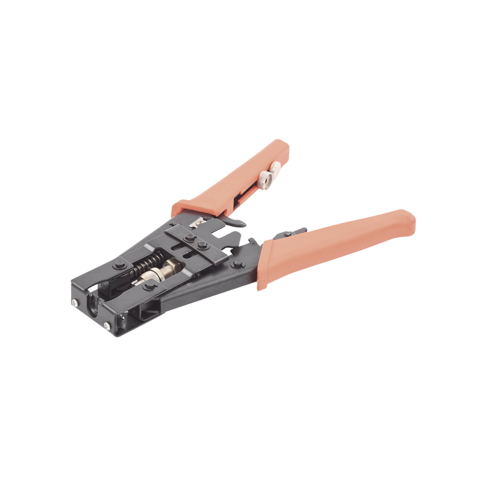 Pliers for installing waterproof connectors, F or BNC compression type, on RG-59 (4C), RG-6 (5C), RG-58 (3C) or RG-11 cables.