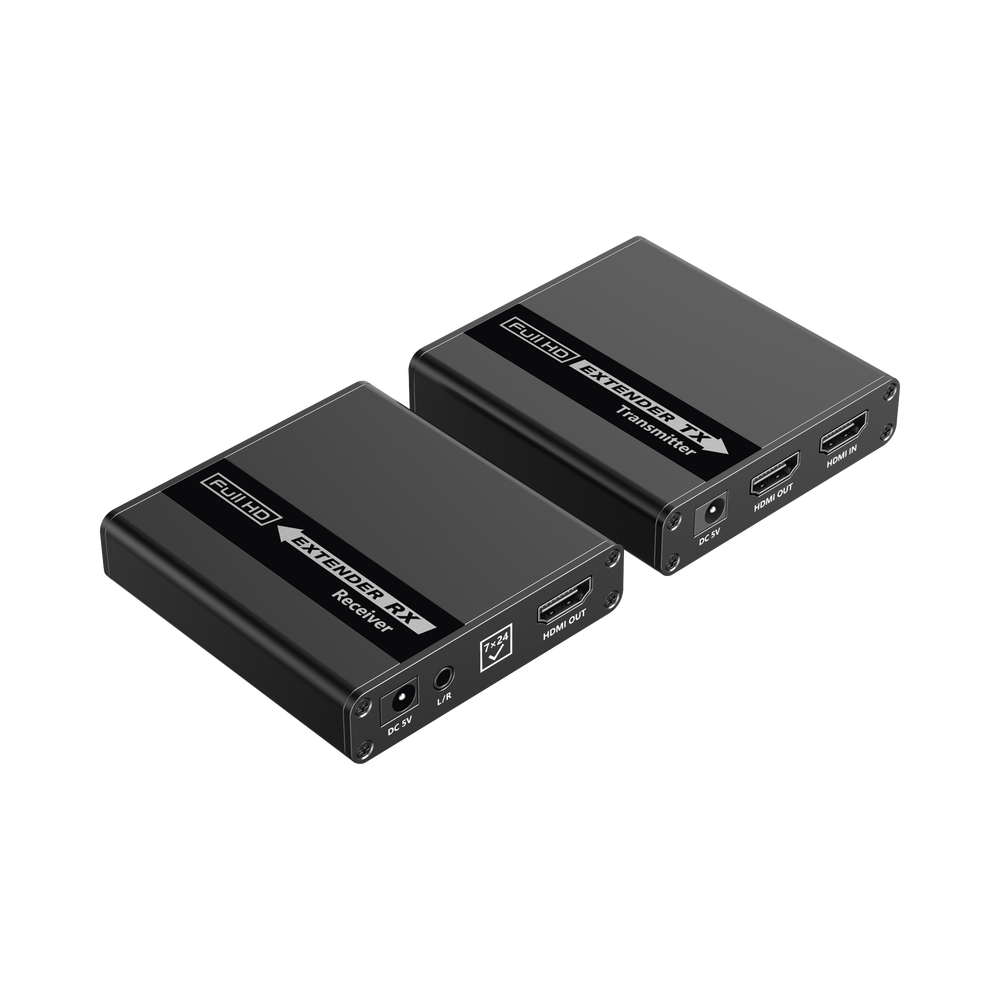 HDMI Extender Kit for distances of 70 meters / Supports resolutions 720 and 1080P @ 60 Hz / Cat 6, 6a and 7 / Zero Latency / 24/7 use / HDR10 / Loop output / EDID configuration / Supports remote control of the source equipment / 3.5mm audio output