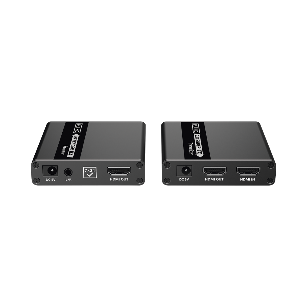 HDMI Extender Kit for distances of 70 meters / Supports resolutions 720 and 1080P @ 60 Hz / Cat 6, 6a and 7 / Zero Latency / 24/7 use / HDR10 / Loop output / EDID configuration / Supports remote control of the source equipment / 3.5mm audio output