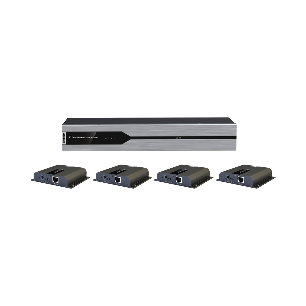 Kit Divisor y Extensor HDMI (Extender Splitter)  / Divide 1 Fuente HDMI a 4 Pantallas / Extiende la señal HDMI hasta 120 m / Resolución 4Kx2K @ 30 Hz / Cat 5e/6/6a / Uso 24/7 / Longitud del cable autoajustable / Alimente solo el Tx (PoC).