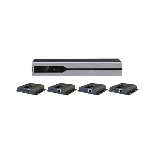Kit Divisor y Extensor HDMI (Extender Splitter)  / Divide 1 Fuente HDMI a 4 Pantallas / Extiende la señal HDMI hasta 120 m / Resolución 4Kx2K @ 30 Hz / Cat 5e/6/6a / Uso 24/7 / Longitud del cable autoajustable / Alimente solo el Tx (PoC).