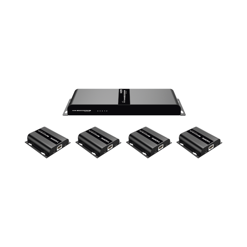 Kit Divisor y Extensor HDMI (Extender Splitter)  / Divide 1 Fuente HDMI a 4 Pantallas / Extiende la señal HDMI hasta 120 m / Resolución 1080P @ 60 Hz / Cat 5e/6/6a / Soporta IR / Baja Latencia / Uso24/7 / Alimente solo el Tx (PoC).