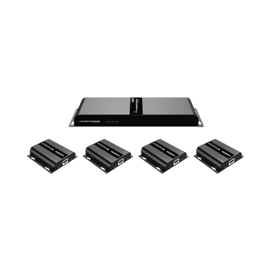 Kit Divisor y Extensor HDMI (Extender Splitter)  / Divide 1 Fuente HDMI a 4 Pantallas / Extiende la señal HDMI hasta 120 m / Resolución 1080P @ 60 Hz / Cat 5e/6/6a / Soporta IR / Baja Latencia / Uso24/7 / Alimente solo el Tx (PoC).