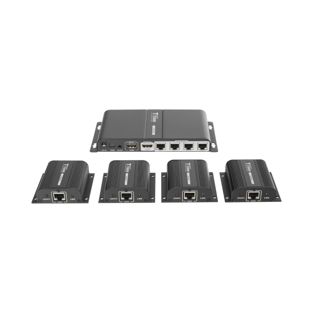 Kit Divisor y Extensor HDMI (Extender Splitter)  / Divide 1 Fuente HDMI a 4 Pantallas / Extiende la señal HDMI hasta 40 m / Resolución 1080P @ 60 Hz / Cat 6/6a/7 / Cero Latencia / Salida Loop en el Tx / IR / Alimente solo el Tx (PoC).