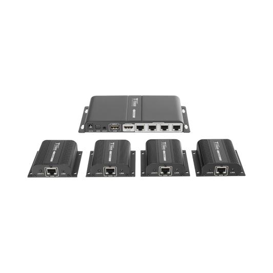 Kit Divisor y Extensor HDMI (Extender Splitter)  / Divide 1 Fuente HDMI a 4 Pantallas / Extiende la señal HDMI hasta 40 m / Resolución 1080P @ 60 Hz / Cat 6/6a/7 / Cero Latencia / Salida Loop en el Tx / IR / Alimente solo el Tx (PoC).