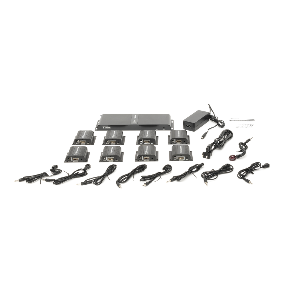 Kit Divisor y Extensor HDMI (Extender Splitter)  / Divide 1 Fuente HDMI a 8 Pantallas / Extiende la señal HDMI hasta 40 m / Resolución 1080P @ 60 Hz / Cat 6/6a/7 / Uso 24/7 / Salida Loop en el Tx / IR / Alimente solo el Tx (PoC).
