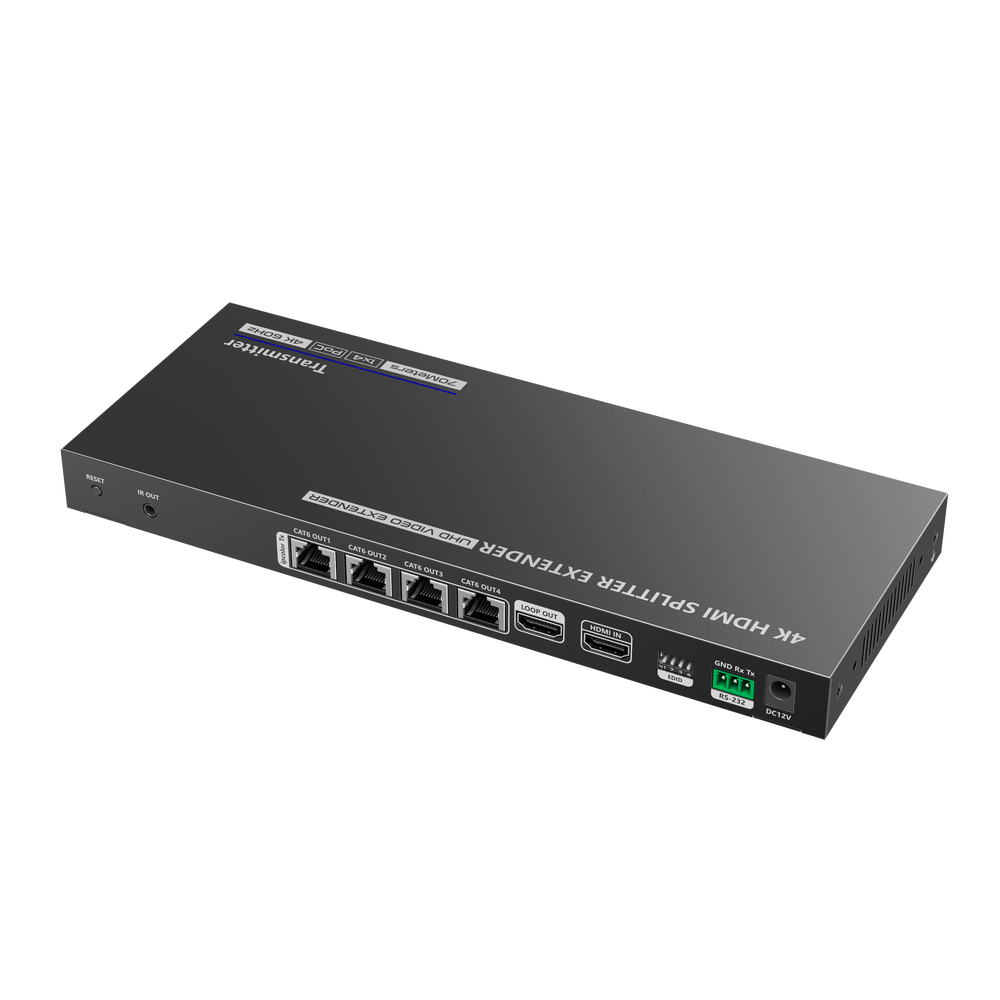 HDMI Splitter and Extender Kit / Splits 1 HDMI Source to 4 Displays / Extends HDMI signal up to 70 m / 4K @ 60 Hz Resolution / Cat 6/6a/7 / IPCOLOR / ZERO LATENCY / 24/7 Use / S/PDIF Port / EDID / RS232 / Loop Output / Feed only the Tx