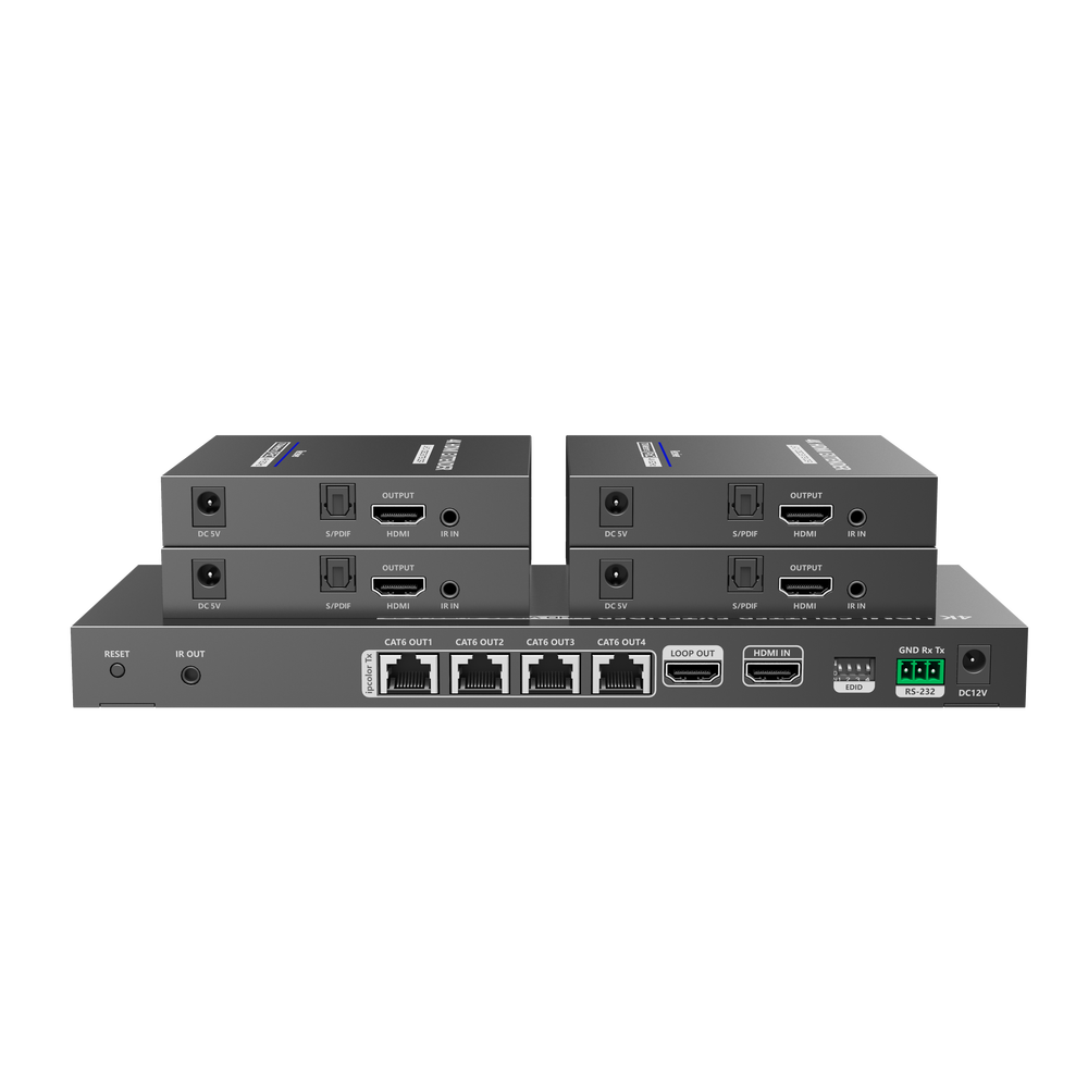 Kit Divisor y Extensor HDMI / Divide 1 Fuente HDMI a 4 Pantallas / Extiende la señal HDMI hasta 70 m / Resolución 4K @ 60 Hz/ Cat 6/6a/7 / IPCOLOR / CERO LATENCIA / Uso 24/7 / Puerto S/PDIF / EDID / RS232 / Salida Loop / Alimente solo el Tx