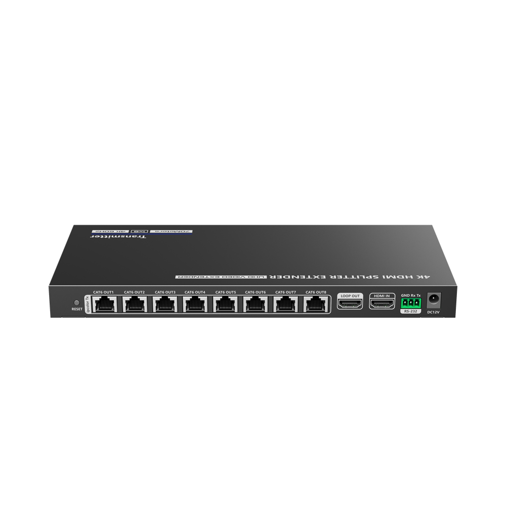 Kit Divisor y Extensor HDMI / Divide 1 Fuente HDMI a 8 Pantallas / Extiende la señal HDMI hasta 70 m / Resolución 4K @ 60 Hz/ Cat 6/6a/7 / IPCOLOR / CERO LATENCIA / Uso 24/7 / Puerto S/PDIF / EDID / RS232 / Salida Loop / Alimente solo el Tx