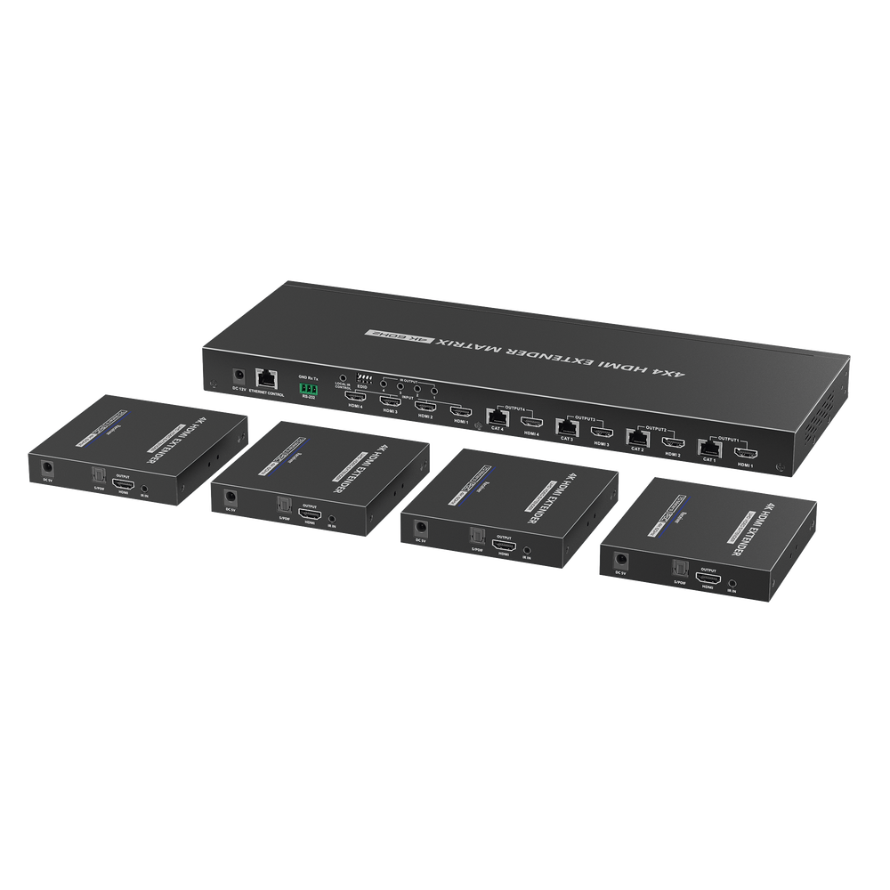 MATRICIAL Y EXTENSOR DE VIDEO HDMI 4 x 4 / 4 Entradas HDMI / 4 Salidas HDMI Loop / 4 Salidas RJ45 para Extender la señal 40 metros por salida  /  1080 @ 60Hz / Conmutación por RS232, Control Remoto o Ethernet.