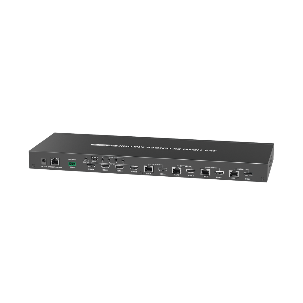 MATRICIAL Y EXTENSOR DE VIDEO HDMI 4 x 4 / 4 Entradas HDMI / 4 Salidas HDMI Loop / 4 Salidas RJ45 para Extender la señal 40 metros por salida  /  1080 @ 60Hz / Conmutación por RS232, Control Remoto o Ethernet.