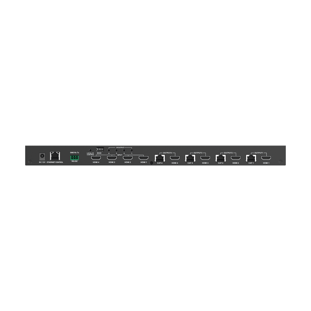 MATRICIAL Y EXTENSOR DE VIDEO HDMI 4 x 4 / 4 Entradas HDMI / 4 Salidas HDMI Loop / 4 Salidas RJ45 para Extender la señal 40 metros por salida  /  1080 @ 60Hz / Conmutación por RS232, Control Remoto o Ethernet.