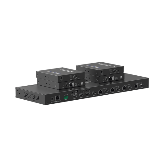 MATRICIAL Y EXTENSOR DE VIDEO HDMI 4 x 4 / 4 Entradas HDMI / 4 Salidas HDMI Loop / 4 Salidas RJ45 para Extender la señal 40 metros por salida  /  1080 @ 60Hz / Conmutación por RS232, Control Remoto o Ethernet.