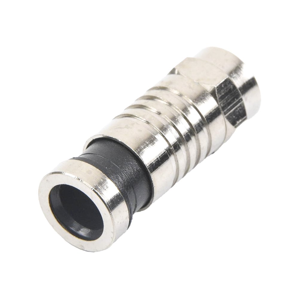 Conector F Macho de Compresión para cable RG-6, Cuerpo de Bronce Niquelado.