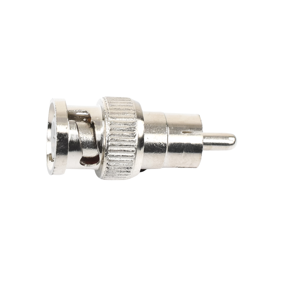 Inline adapter for 75 Ohm, from BNC male connector to RCA male in Audio-Video applications for cameras, monitors and DVRs.