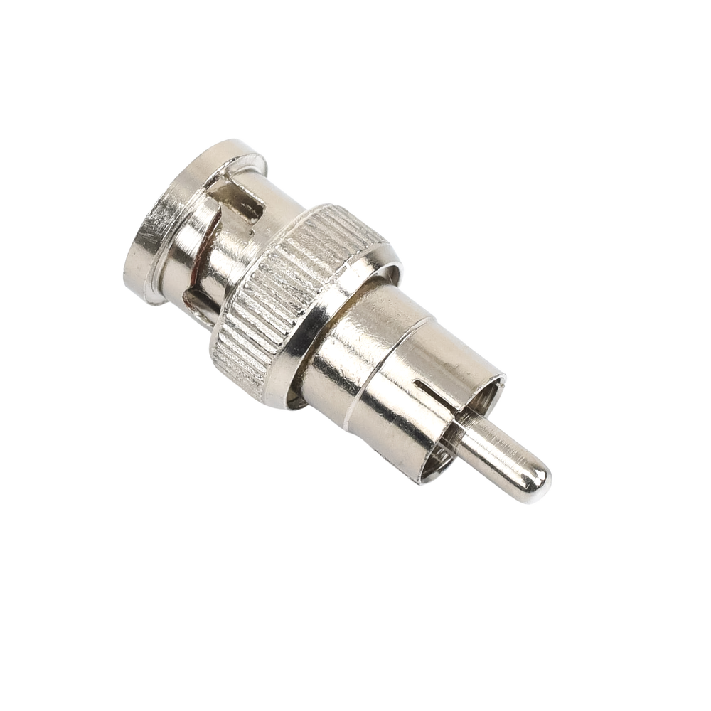 Inline adapter for 75 Ohm, from BNC male connector to RCA male in Audio-Video applications for cameras, monitors and DVRs.