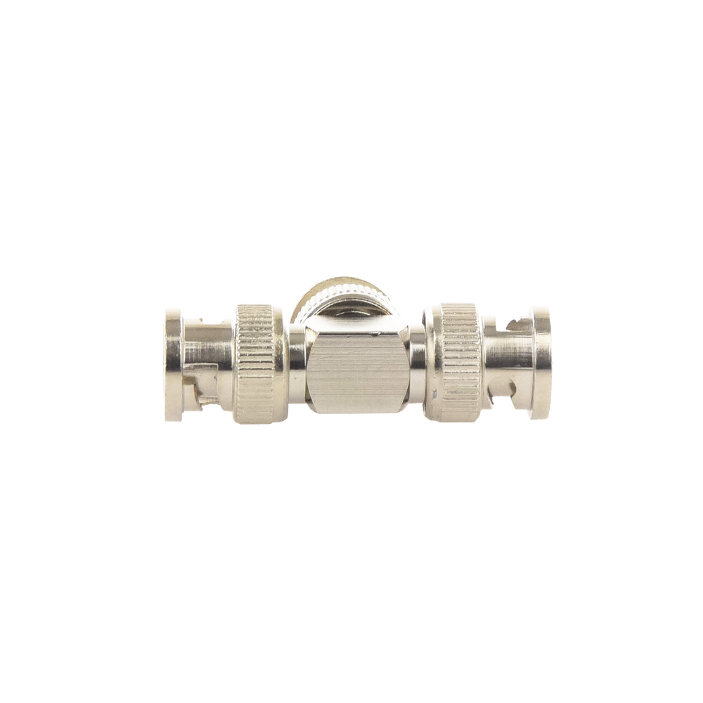 Adaptador de Triple conectores BNC macho para uso en sistemas de CCTV en aplicación con cables coaxiales RG-59/ RG-6, Níquel/ Oro/ Politetrafluoroetileno.