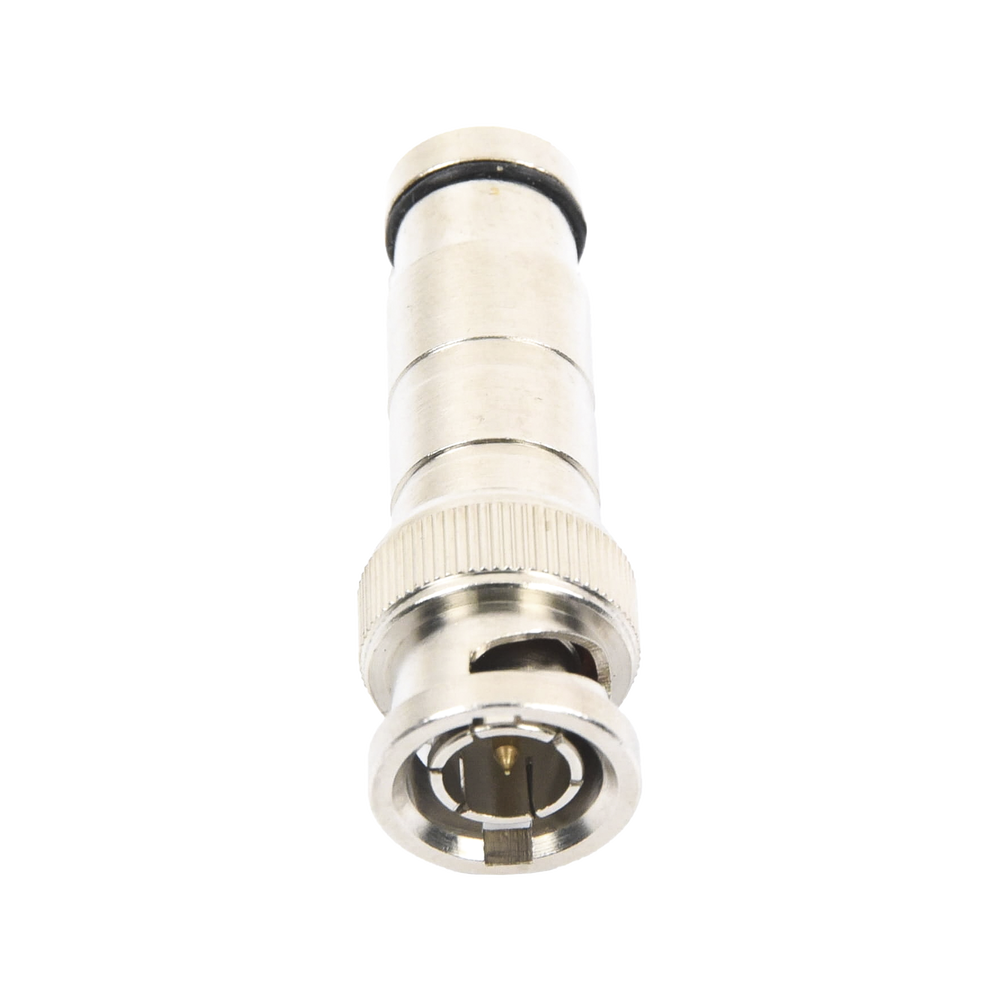 Conector BNC Macho en 75 Ohm, de Compresión Axial para Cable Coaxial RG-59/U, Níquel/ Oro/ Politetrafluoroetileno.