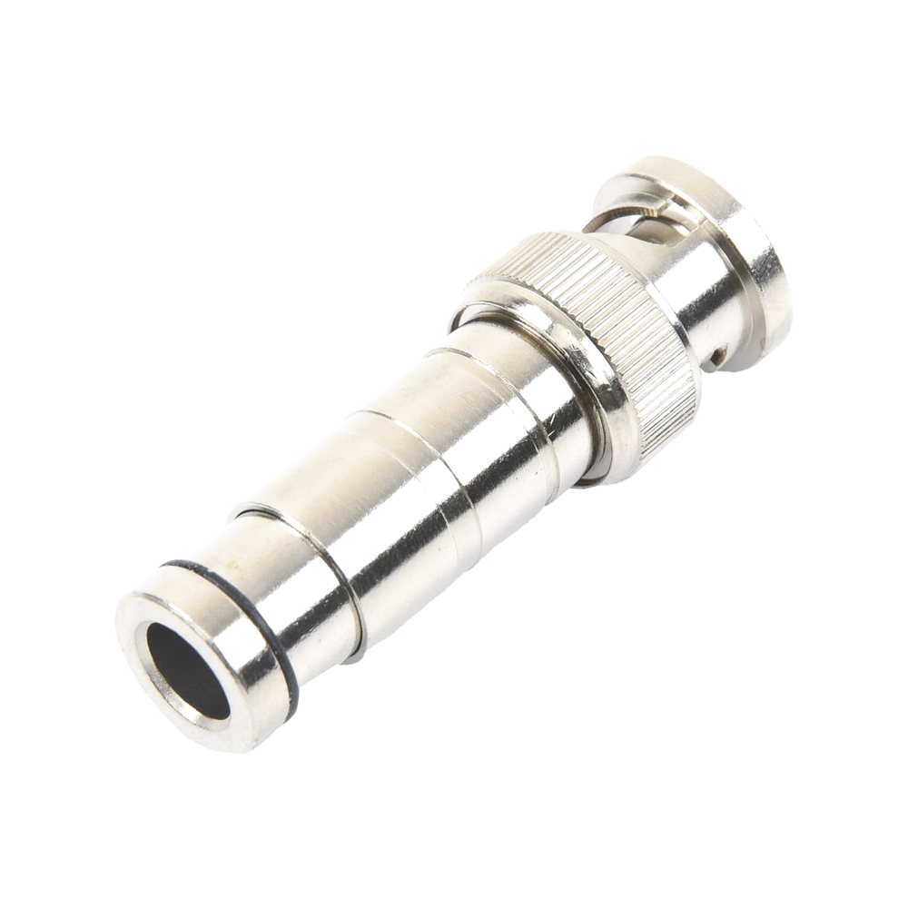 Conector BNC Macho en 75 Ohm, de Compresión Axial para Cable Coaxial RG-59/U, Níquel/ Oro/ Politetrafluoroetileno.