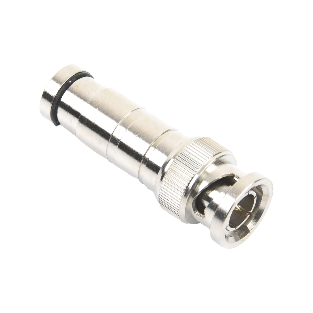Conector BNC Macho en 75 Ohm, de Compresión Axial para Cable Coaxial RG-59/U, Níquel/ Oro/ Politetrafluoroetileno.