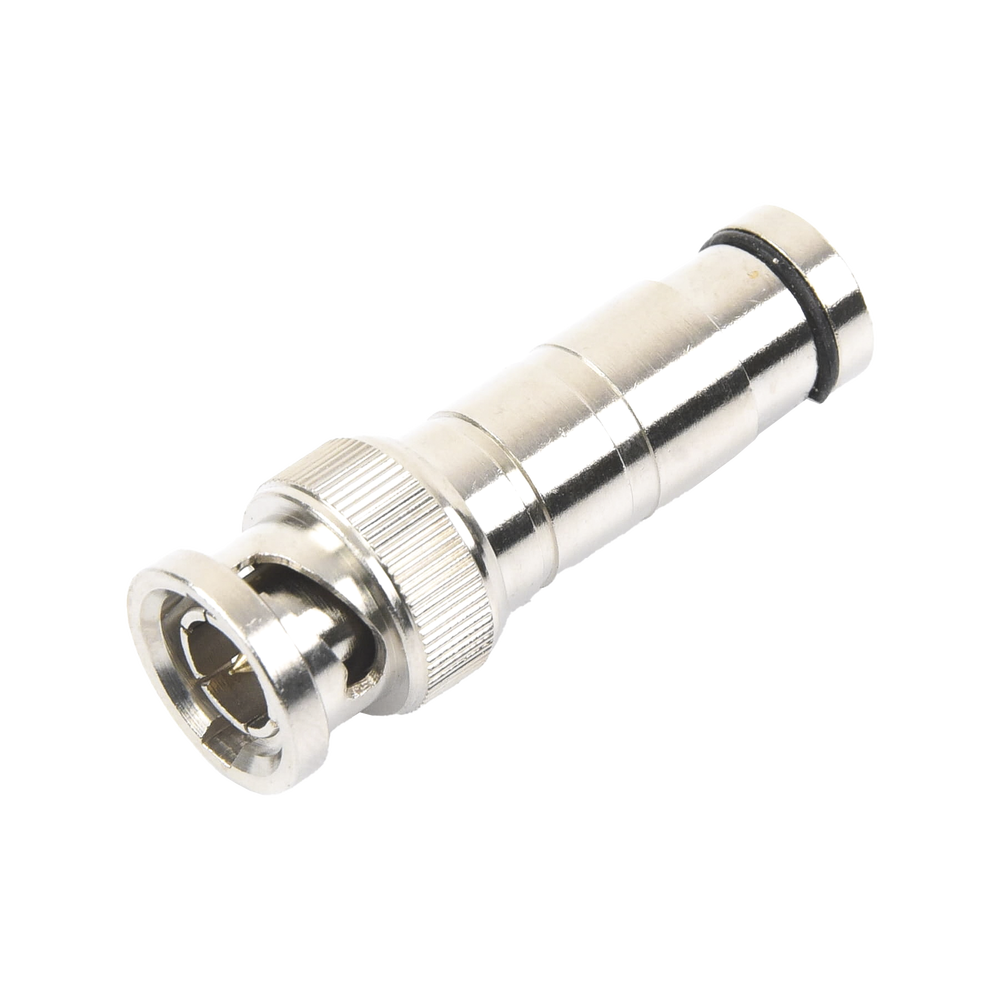 Conector BNC Macho en 75 Ohm, de Compresión Axial para Cable Coaxial RG-59/U, Níquel/ Oro/ Politetrafluoroetileno.