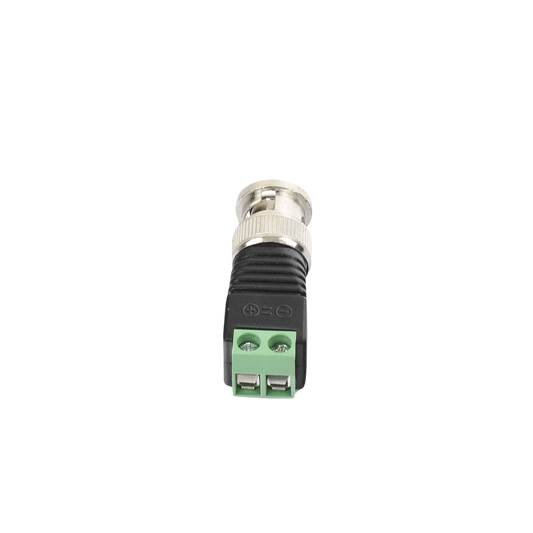 Adaptador de conector BNC macho a 2 terminales-tornillo para cables AWG-26-14, en aplicaciones CCTV, Níquel/ Oro/  PTFE y PVC.