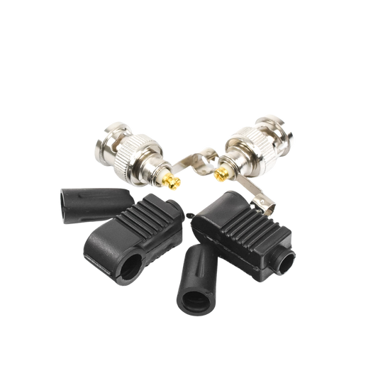 Conector BNC Macho de 75 Ohm en Ángulo Recto con Base Plástica de Alivio en PVC para Cable Coaxial RG-59/ RG-6.