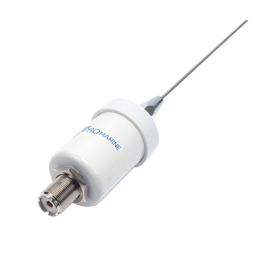VHF marine antenna with stainless steel whip. Includes 4.5 m of cable with male PL connectors and mounting bracket.
