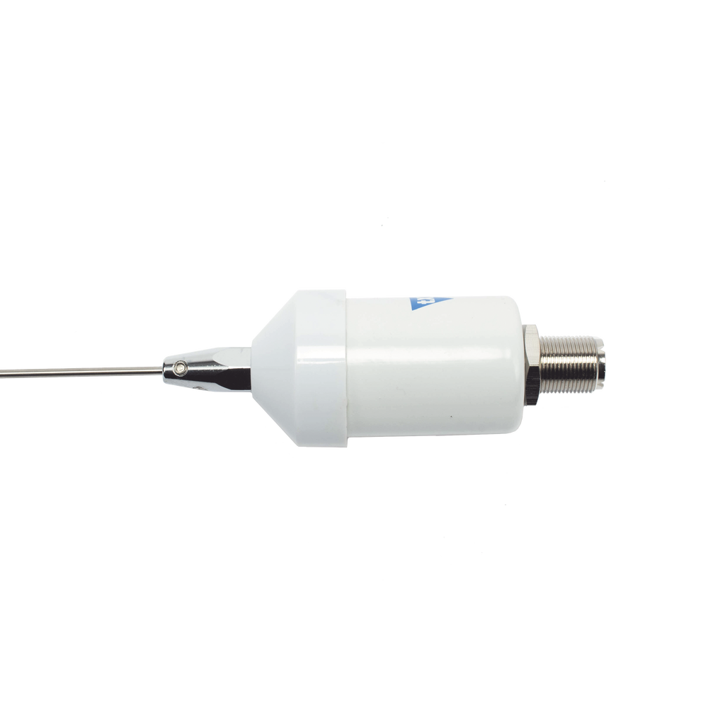 VHF marine antenna with stainless steel whip. Includes 4.5 m of cable with male PL connectors and mounting bracket.