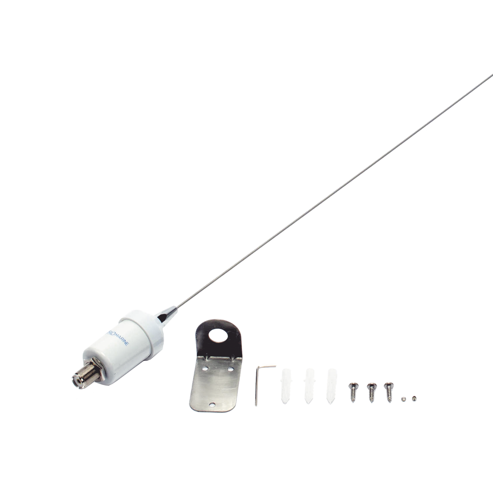 VHF marine antenna with stainless steel whip. Includes 4.5 m of cable with male PL connectors and mounting bracket.