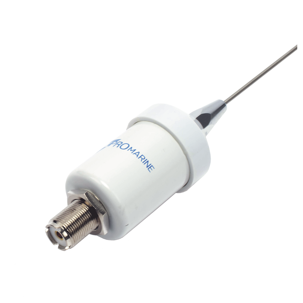 VHF marine antenna with stainless steel whip. Includes 4.5 m of cable with male PL connectors and mounting bracket.