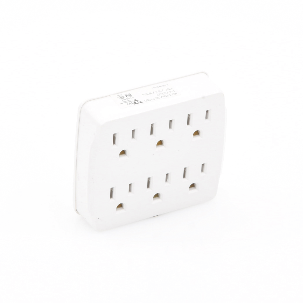 Wall power strip with 6 white contacts, 125 V / 15 A