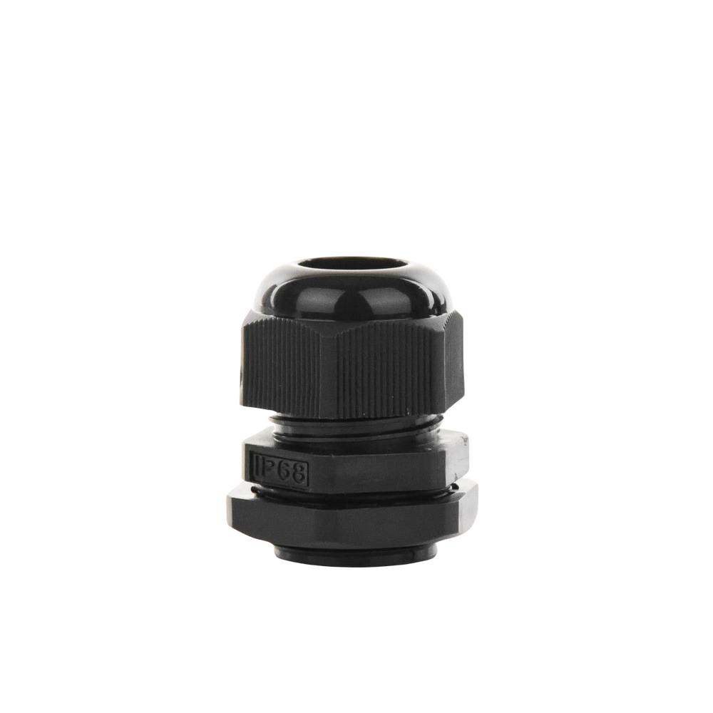 Black Plastic Gland Type Connector for Cable from 10 to 14 mm Diameter.