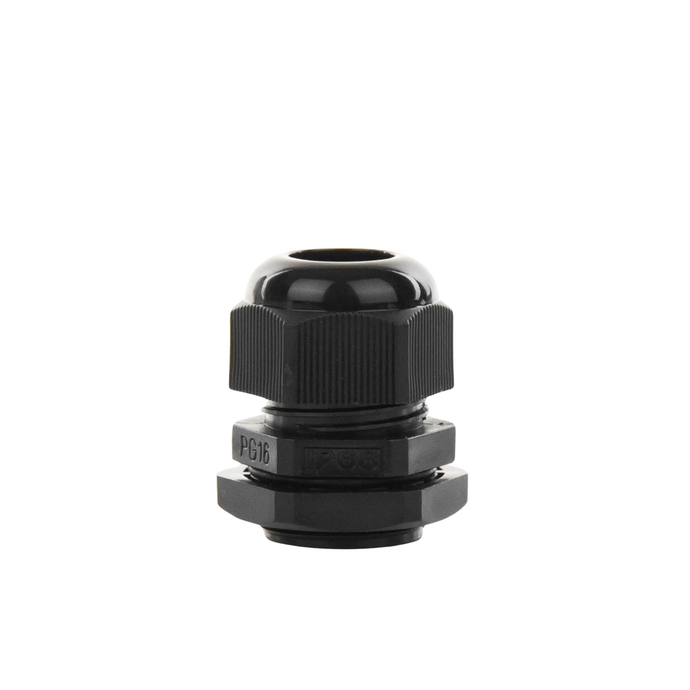 Black Plastic Gland Type Connector for Cable from 10 to 14 mm Diameter.