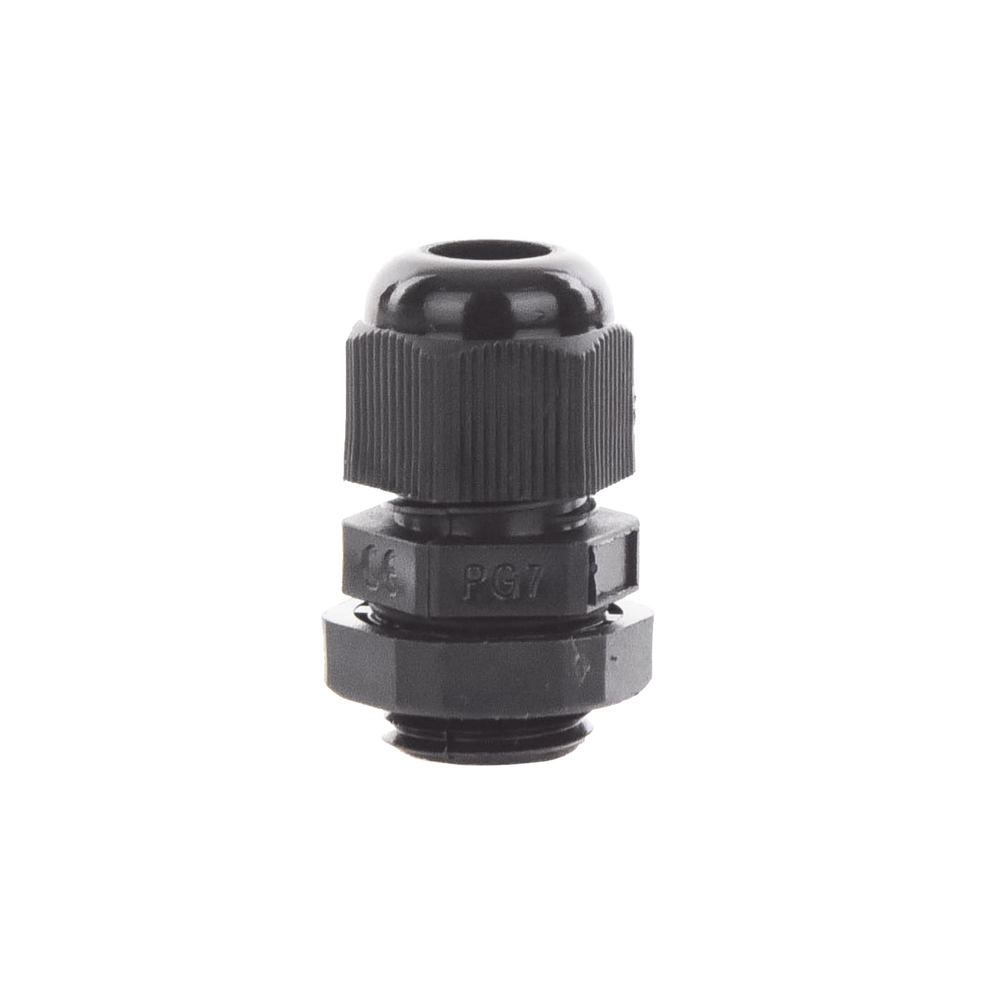 Black Plastic Gland Type Connector for Cable from 3.5 to 6 mm Diameter.