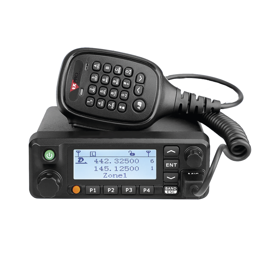 Radio Móvil de Doble Banda 136-174 MHz para VHF y 400-480 MHz para UHF, incluye micrófono DTMF y accesorios de instalación.