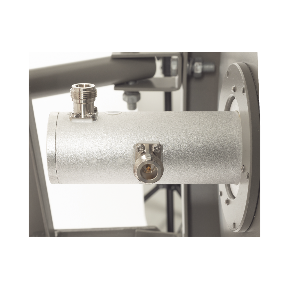 Highly directional antenna, 36 dBi gain, wide frequency range (4.9 - 6.5 GHz), N-female connectors, includes tower mount and stabilizer mount for high winds.