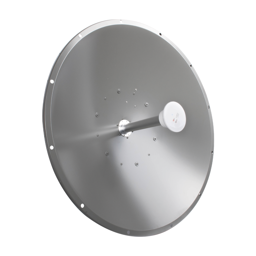 Highly directional antenna, 36 dBi gain, wide frequency range (4.9 - 6.5 GHz), N-female connectors, includes tower mount and stabilizer mount for high winds.