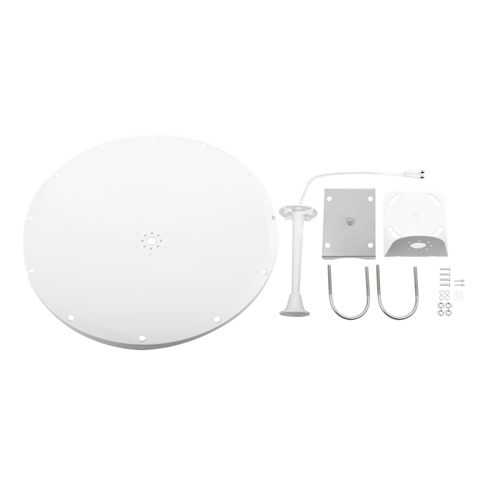 Extended Frequency Directional Antenna / 4.8 - 6.5 GHz / 28 dBi / Connector with SMA-Male Reverse jumper included / Polarity in 90º and 45º / Mount included for tower or mast