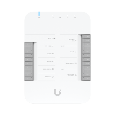 UniFi Access Hub Door, puede conectar 2 lectores y 2 cámaras (no incluidos) para controlar solo una puerta / 2 terminale