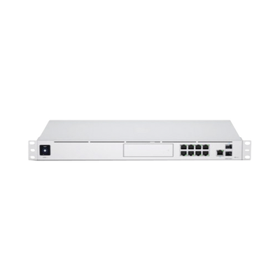 UniFi Dream Machine Pro, con un puerto 10G SFP+ WAN / 1 GbE WAN / 8 puertos 10/100/1000 Mbps RJ-45 LAN, y una bahía de H