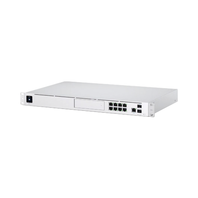 UniFi Dream Machine Pro, con un puerto 10G SFP+ WAN / 1 GbE WAN / 8 puertos 10/100/1000 Mbps RJ-45 LAN, y una bahía de H