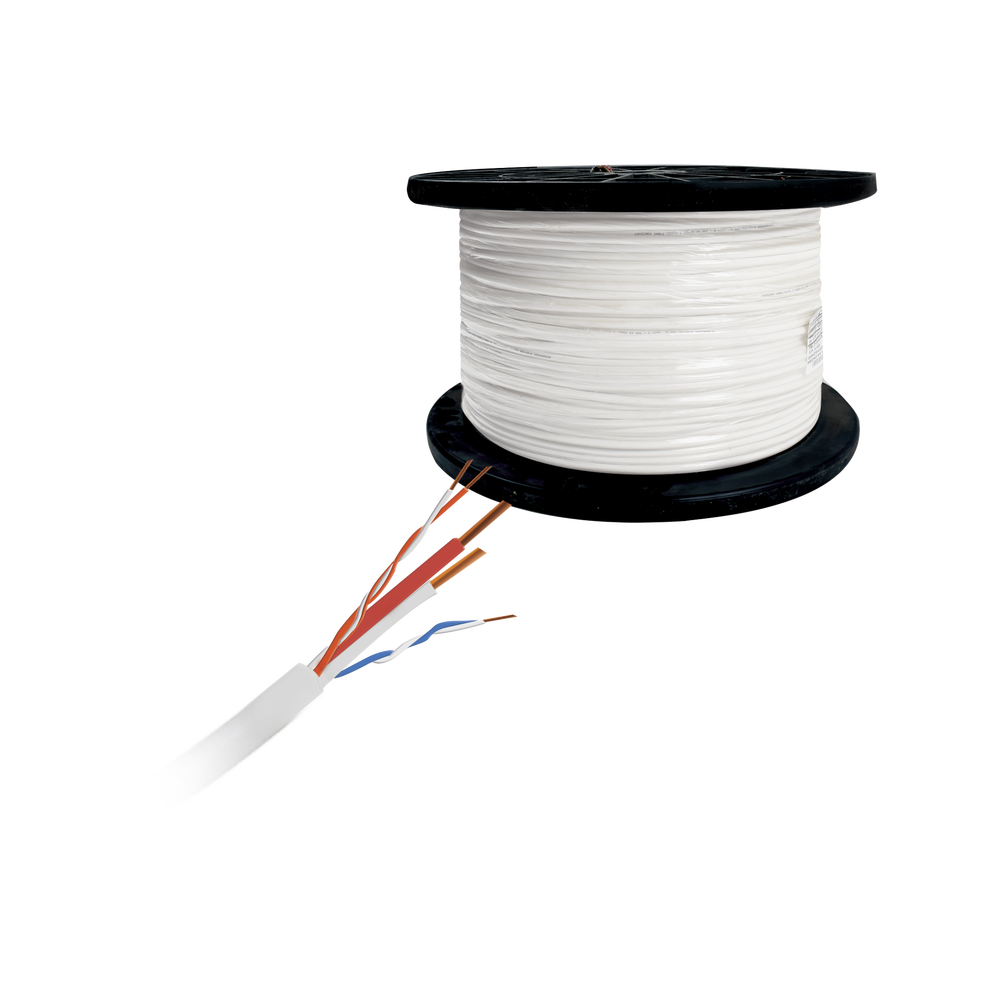 Carrete de ( 500 ft ), 152 m, 2 pares Cat5e, + 1 par calibre 16 para alimentación, de color blanco, para aplicaciones de domos PTZ a distancias largas ( 100 % Cobre ) , Uso interior.