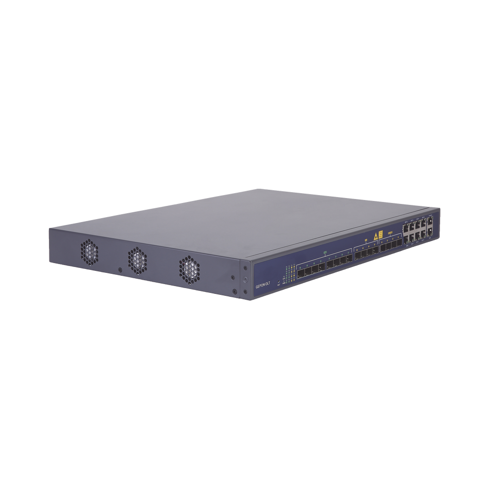 8-port EPON OLT with 16 Uplink ports (8 Gigabit Ethernet ports + 4 SFP ports + 4 SFP+ ports), up to 512 ONUs