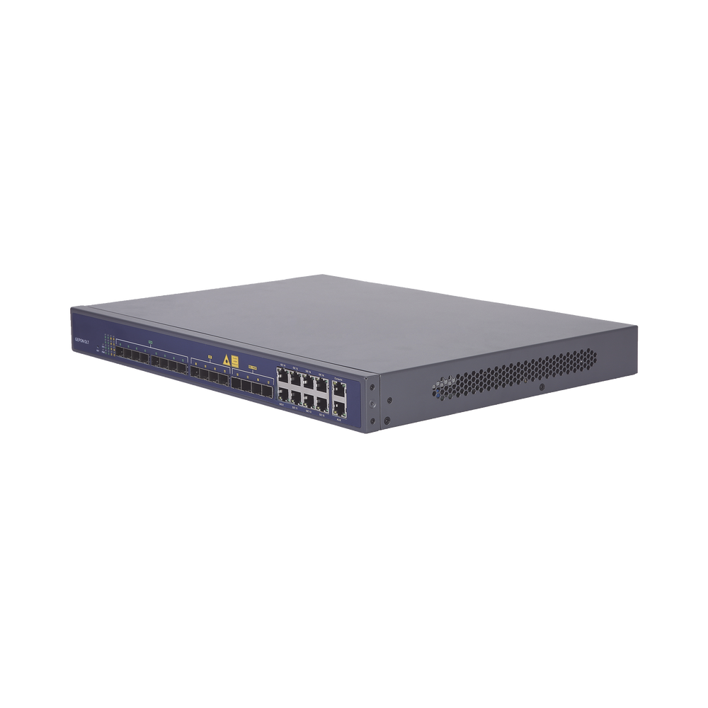 8-port EPON OLT with 16 Uplink ports (8 Gigabit Ethernet ports + 4 SFP ports + 4 SFP+ ports), up to 512 ONUs