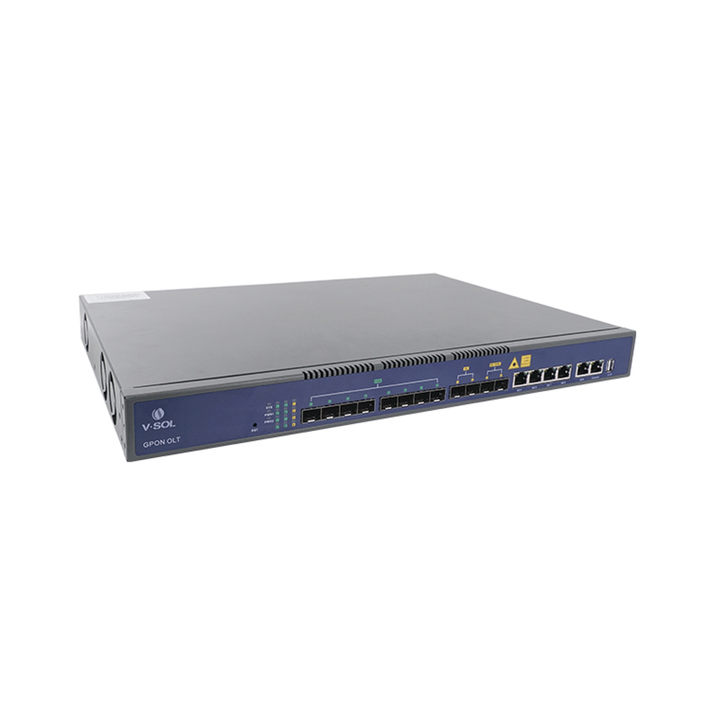 8-port GPON OLT with 8 Uplink ports (4 Gigabit Ethernet ports + 2 SFP ports + 2 SFP+ ports), up to 1024 ONUs